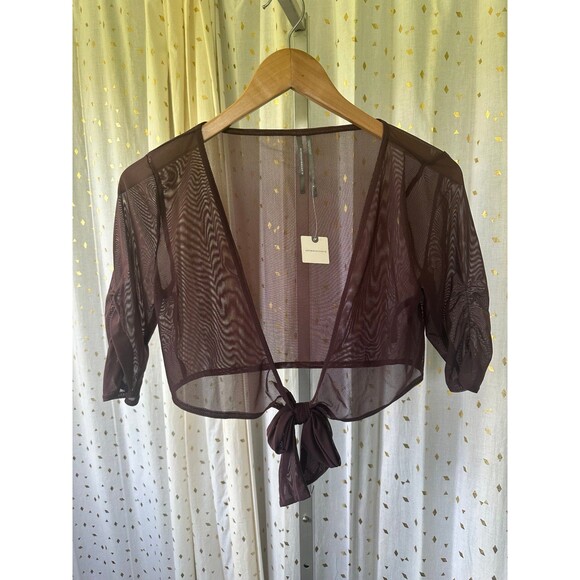 By Anthropologie NWT Mesh Front Tie Ruched Sleeves Swim Cover Up Layering Top S - Picture 4 of 7